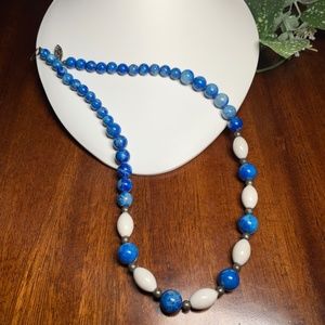 Vintage Glass Marble Graduated Blue and White Beaded Necklace, 20”